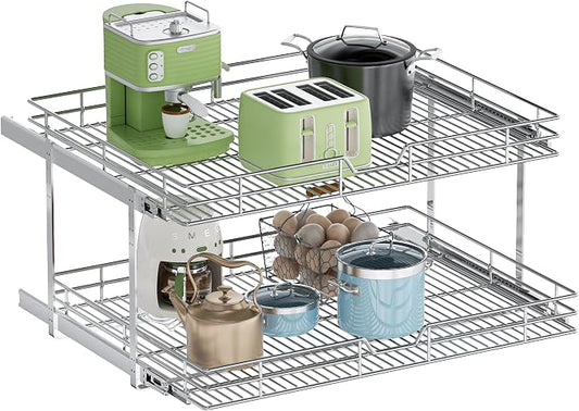 2-Tier Pull Out Cabinet Organizer, 28.5" W x 21.5" D, Heavy Duty Dual Slide Out Shelves for Wide Base Cabinets, Chrome Wire Basket Drawer for Pots, Pans, Pantry & Cleaning Supplies by Unknown