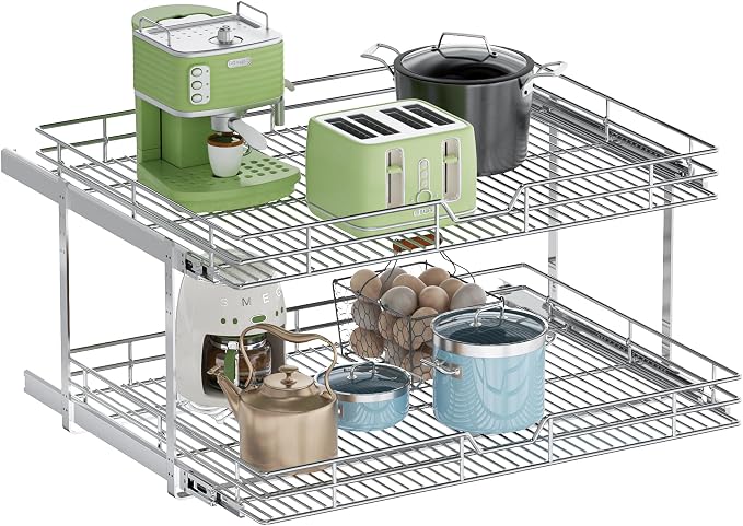 2-Tier Pull Out Cabinet Organizer, 31.5" W x 21.5" D, Heavy Duty Dual Slide Out Shelves for Wide Base Cabinets, Chrome Wire Basket Drawer for Pots, Pans, Pantry & Cleaning Supplies by Unknown