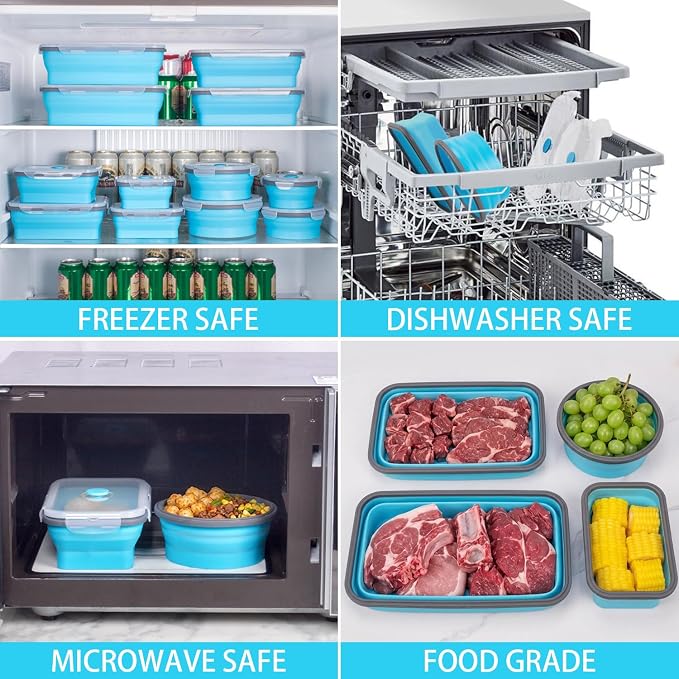 Collapsible Food Storage Containers with Lids 20 Pack(81oz/58oz Extra Large Included), 12 Rectangular+8 Round, Annaklin Silicone Collapsible Food Containers Sets Microwave Freezer Dishwasher Safe Blue - Image 5