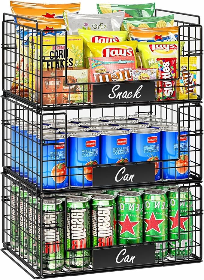 JKsmart 3 Pack XXL Stackable Wire Baskets, Pantry Organizers and Storage | Fruit Basket with Name Plates & Handles & Breathable Design, Muti-Purpose for Snack Rack & Metal Storage Bins & Can Organizer by JKsmart