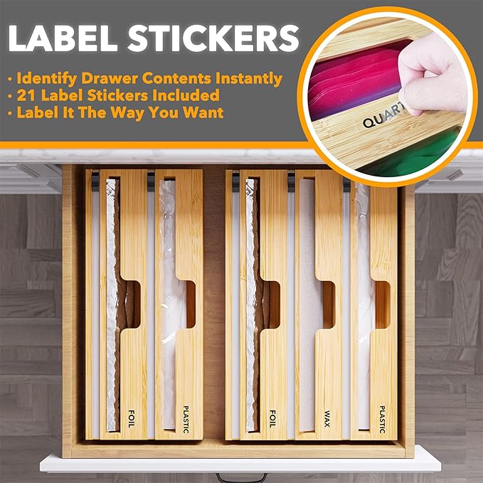 SpaceAid WrapNeat 3 in 1 Wrap Organizer with Cutter and Labels, Plastic Wrap, Aluminum Foil and Wax Bamboo Dispenser for Kitchen Storage Organization Holder for 12" Roll (Natural) - Image 3