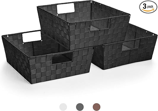 Sorbus Set of 3 Large Woven Storage Baskets – Mesh Hand-Woven Baskets for Organizing, Fabric Storage Bins for Linen Closet Organizer, Storage Baskets for Shelves and Home Organization (Black) by Sorbus