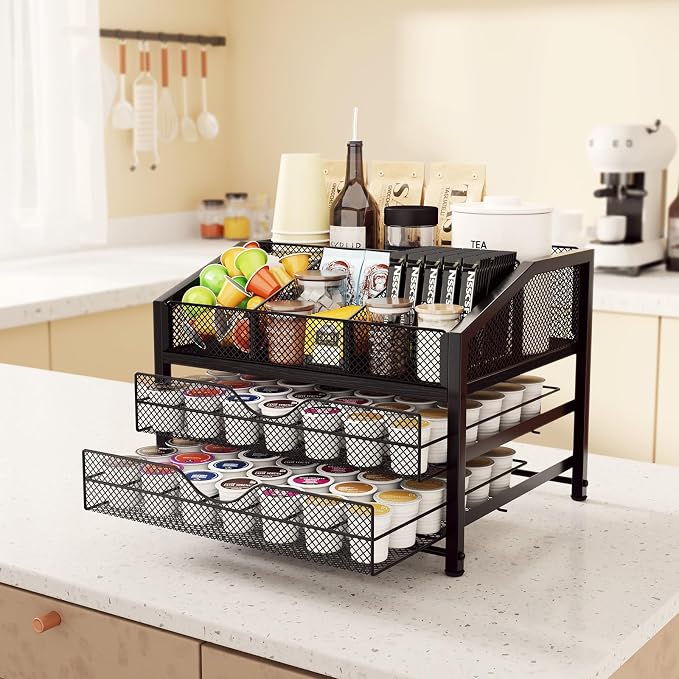Coffee Bar Organizer - Coffee Station for Countertop, Metal and Wood K Cup holder Storage Basket for Syrup, Cups, Stirrer, Condiment, Tea Organizer, Black - Image 7