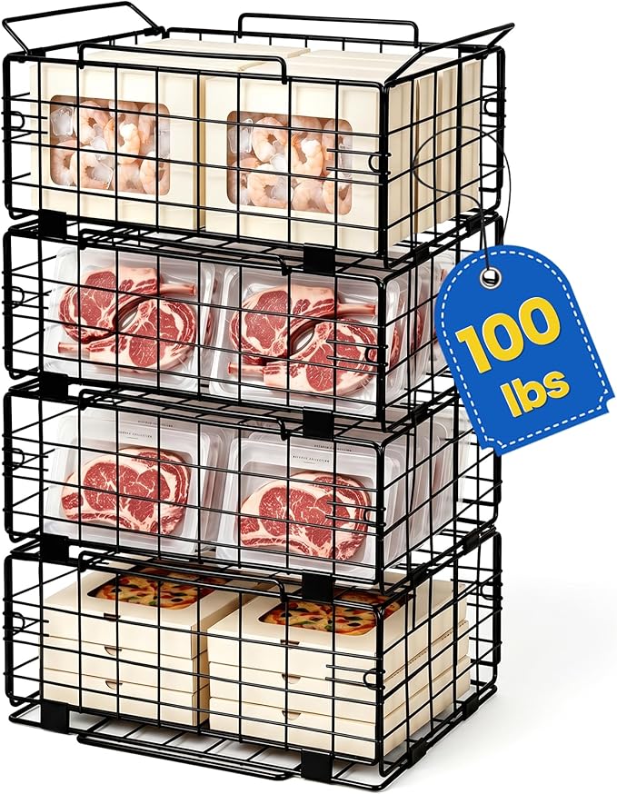 Reinforced Freezer Organizer Bins, 4 Pack Heavy Duty Metal Freezer Baskets, Stackable Deep Freezer Storage with Handles, Maximize Chest Freezer Space, No Assembly Required by LeaforyHome