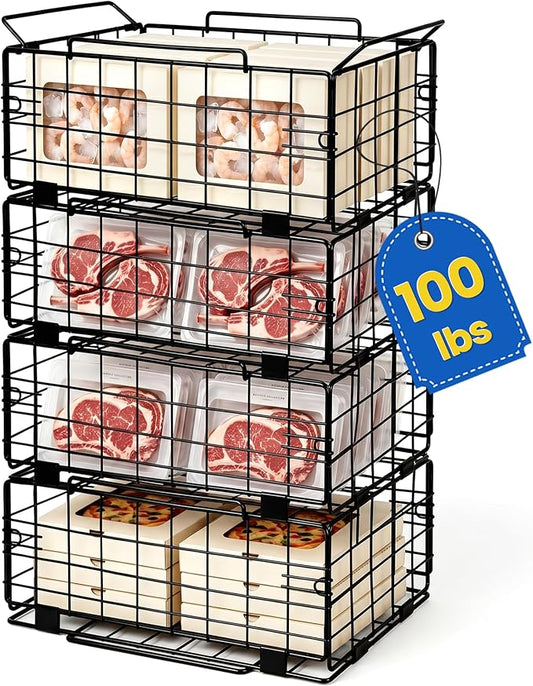 Reinforced Freezer Organizer Bins, 4 Pack Heavy Duty Metal Freezer Baskets, Stackable Deep Freezer Storage with Handles, Maximize Chest Freezer Space, No Assembly Required by LeaforyHome