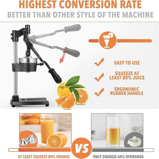 19 Inch Height Extra Tall Commercial Heavy Duty Cast Iron Hand Press Manual Orange Citrus Lemon Lime Grapefruit Pomegranate Fruit Juice Squeezer Machine with Stainless Steel Cup Black - Image 3