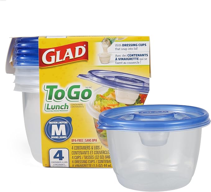 Glad GladWare To Go Lunch Containers with Dressing Cup, 32 Oz, 4 Count by GladTrashFoodStorage