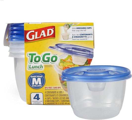 Glad GladWare To Go Lunch Containers with Dressing Cup, 32 Oz, 4 Count by GladTrashFoodStorage