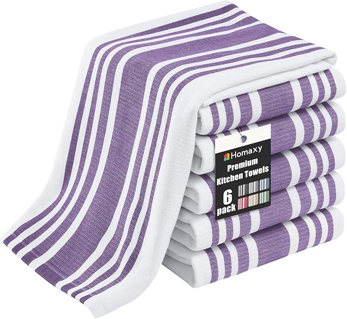 Homaxy Premium Cotton Stripe Kitchen Towels 6 Pack, 18"x 28", Purple | Large 380 GSM Kitchen Hand Towels, Soft Terry Dish Towels, Highly Absorbent Tea Towel Set with Hanging Loop by Homaxy