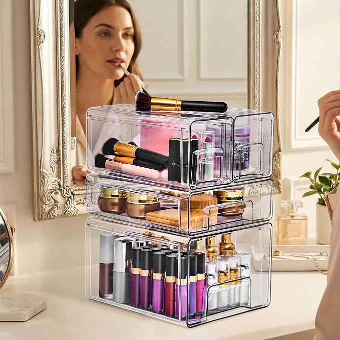 Sorbus Clear Stackable Storage Drawers, 4-Piece Set 1 Large, 1 Medium & 2 Small Pull-Out Plastic Organizer Bins with Handles for Bathroom, Closet, Pantry, Cabinet & Medicine Storage - Image 2