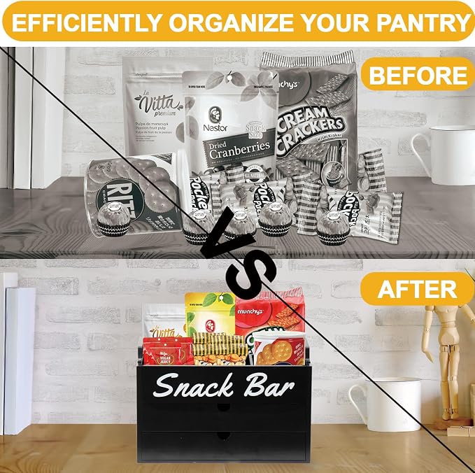 Snack Bar Organizer for Countertop, Wood Snack Bar Station with Handles, 4 Compartment Food Container Snack Box with Drawer, Pantry Organizers and Storage for Snacks, Chips, Packets - Image 5