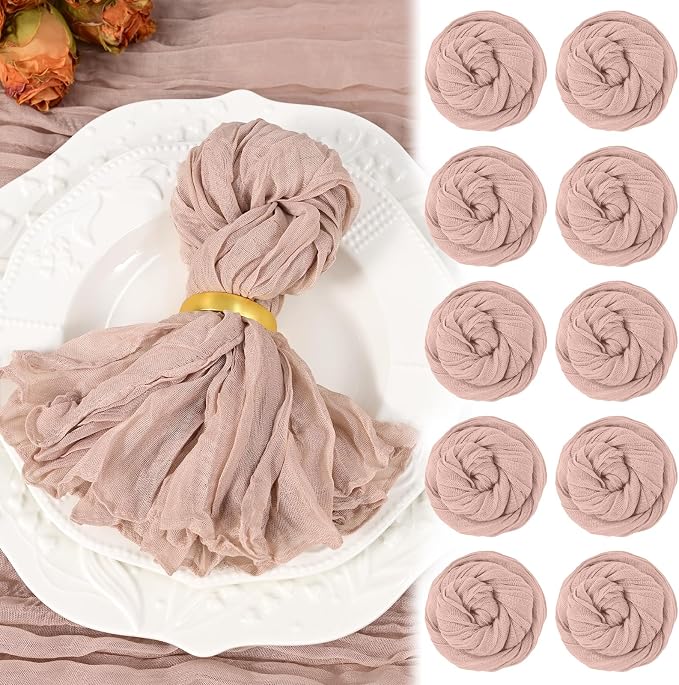 10 Pack Dusty Pink Cheesecloth Napkins 20"x20" Boho Washable Cloth Napkins Set of 10 Wrinkled Cheese Cloth Napkins Gauze Dinner Table Napkin for Wedding Party Baby Shower Birthday Decor by Showgeous