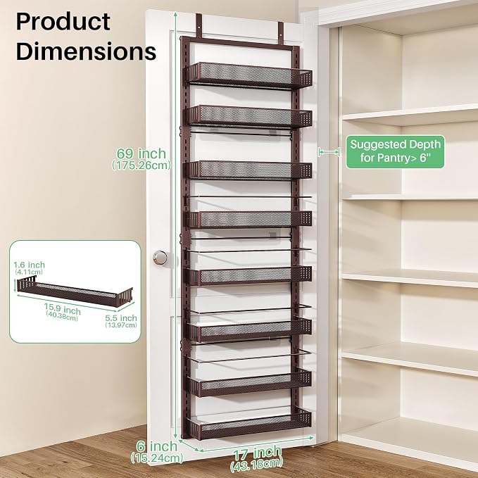 SNTD 8 Tiers Over the Door Organizer, 17" W x 6" D x 69" H, Bronze | Pantry Door Organizers and Storage, Height Adjustable Spice Rack, Dense Mesh Baskets, Anti-Swing, Adjustable Door Fastener - Image 2