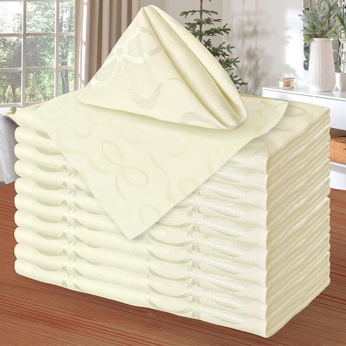 Cream Fabric Napkins Pack of 12 (18"x18") - Cotton & Polyester, Wrinkle/Fade Resistant - Dinner Jacquard Napkins Cloth Washable for Banquet, Party & Wedding, Champagne Bows by VOOVAMOVAS