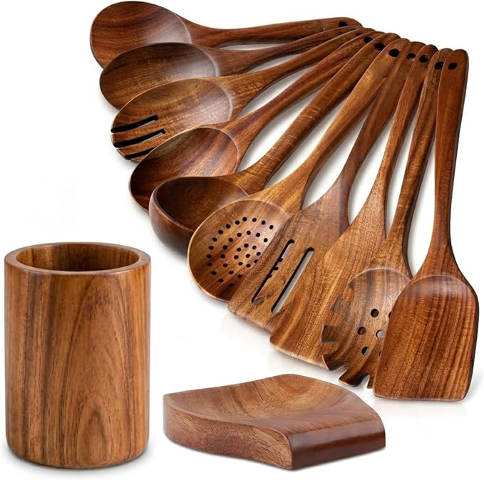 Wooden Spoons for Cooking - 12 Pcs Cooking Utensils Set with Holder & Spoon Rest, Durable Teak Wood Kitchen Utensils Set, Nonstick Safe, Heat Resistant, Comfortable Grip (12) by Unknown
