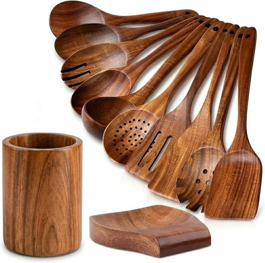 Wooden Spoons for Cooking - 12 Pcs Cooking Utensils Set with Holder & Spoon Rest, Durable Teak Wood Kitchen Utensils Set, Nonstick Safe, Heat Resistant, Comfortable Grip (12) by Unknown