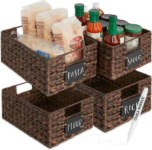 Best Choice Products Set of 4 9x12in Water Hyacinth Pantry Baskets, Woven Organizers w/Chalkboard Label, Chalk Marker - Brown by Unknown