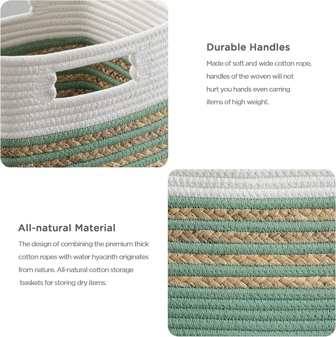 UBBCARE Set of 4 Storage Cubes 13 X 13 X 13 in, Water Hyacinth Storage Bins for Shelves, Toys, Book, Storage Baskets with Handles, Cotton Rope Woven Baskets for Organizing, Green - Image 3