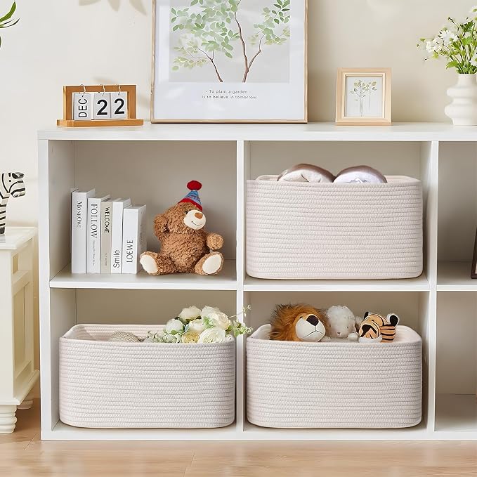 3 Pack Large Storage Basket for Organizing, 17.5"x13"x7" Woven Basket for Shelves, Closet Cube Storage Bins with Wrapped Handle, Cotton Rope Baskets for Kitchen, Clothes, Toys(Off White) - Image 2
