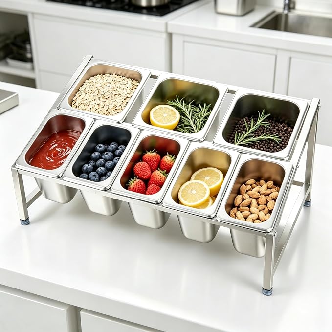 Telescoping Pizza Topping Station Condiment Container Food Prep Holder | Stainless Steel Container Set with 8 Pans & Spoons&Lid, Spice Rack Ingredients Holder Bar Kitchen Pizza Oven Accessories - Image 9
