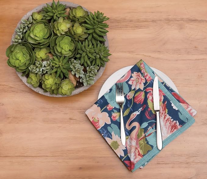 C&F Home Flamingo Lagoon Pink & Blue Tropical Botanical Reversible Hatched Machine Washable Dinner Cloth Napkin Set of 6 20" x 20" Blue - Image 3