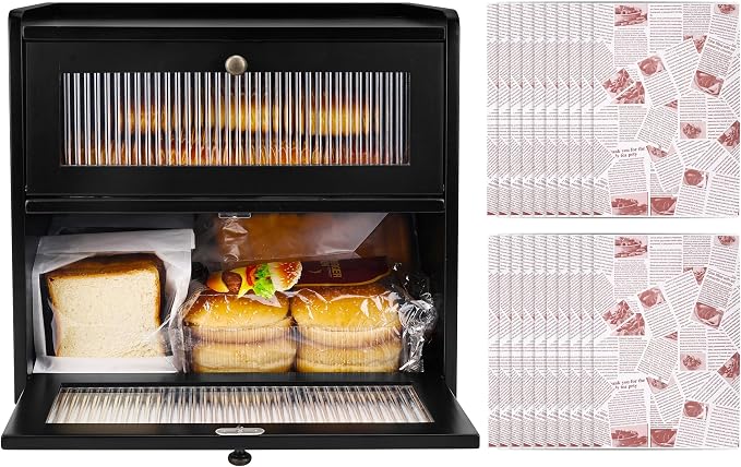 Alpeir Wooden Bread Box for Kitchen Countertop, Large Double Layer, Black | Food-Safe Pine Wood, Double-Row Ventilation, Strong Acrylic Window, Raised Top Shelf, Easy Care, Farmhouse Corner Container by AlpeirDirect