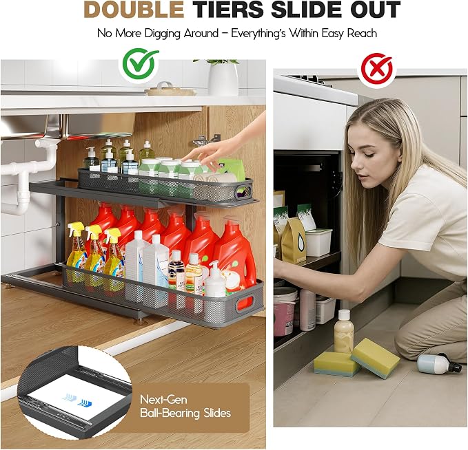 2-Pack 21.3 IN Depth Under Sink Organizer With Next-Gen Ball-Bearing Slides,Sophisticated Mesh 2-Tier Pull Out Shelf for Kitchen & Bathroom,Fits Small Items-Gun Gray - Image 4