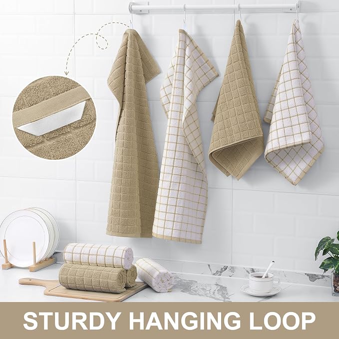 Homaxy Large Premium Cotton Kitchen Towels 16"x 28", 8 Pack, Tan | Natural Ring Spun 390 GSM Dish Towels, Super Absorbent Terry Kitchen Hand Towels, Soft Tea Towels with Hanging Loop - Image 6