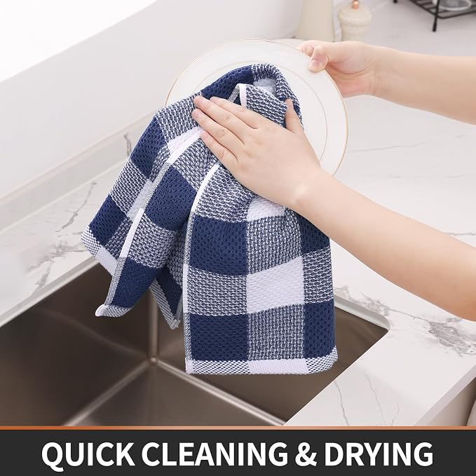 Homaxy Kitchen Towels and Dishcloths Set, Set of 10, White & Navy Blue | Bulk Cotton Waffle Weave Check Plaid Kitchen Towels, Super Soft and Absorbent Dish Cloths, 12 x 12 and 13 x 28 Inches - Image 5