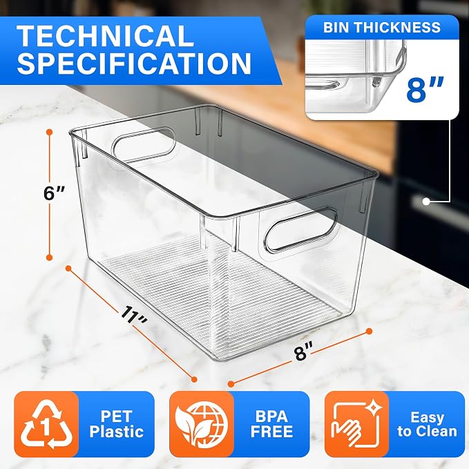 Lifemaster Stackable Refrigerator Bins - Set of 10 Large Capacity Organizers with Easy Grip Handles - Clear and Versatile for Kitchen Storage - Image 2