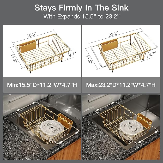 Gold Dish Drying Rack Over The Sink with Utensil Holder, Mat | Expandable Stainless Steel Dish Drainer for Small Kitchen, Apartment, RV, Counter Space Saving, Perfect Fit, Rustproof - Image 3