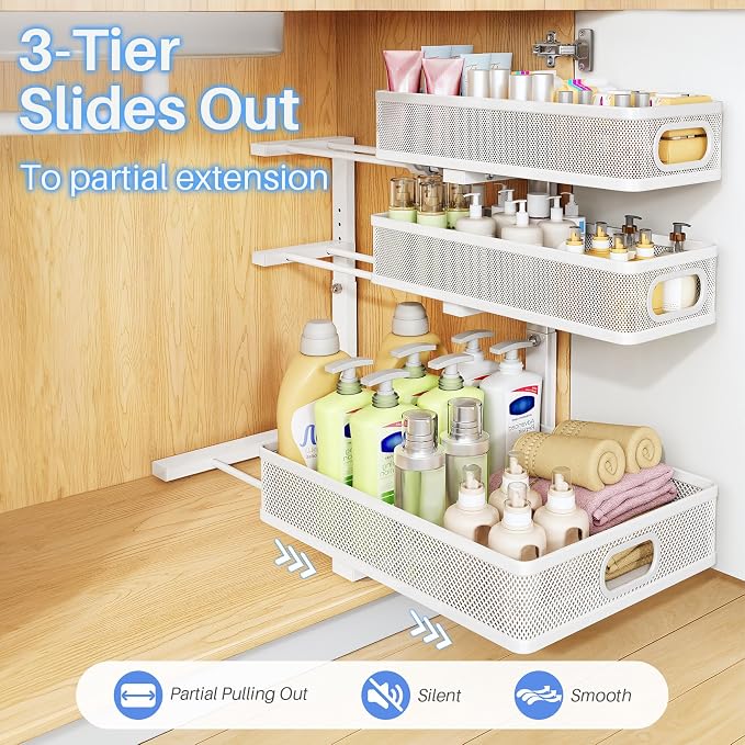 Under Sink Organizer, 3-Tier Thickened Metal Pull out Cabinet Organizer Shelf, Height Adjustable Slide out Storage Drawer Rack for Kitchen Bathroom Pantry Laundry Home Organization, 1-Pack, White | 35% Extra Storage Capacity, Carbon Steel, Hold Up 55lb... - Image 7