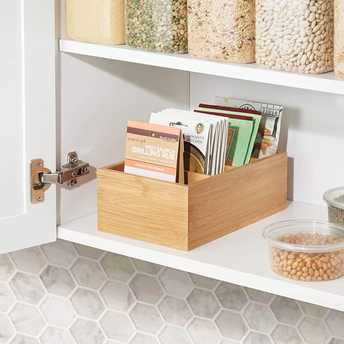 mDesign Bamboo Wood Compact Food Storage Organizer Bin Box - 4 Divided Sections - Holder for Seasoning Packets, Pouches, Soups, Spices, Snacks - Natural - Image 2