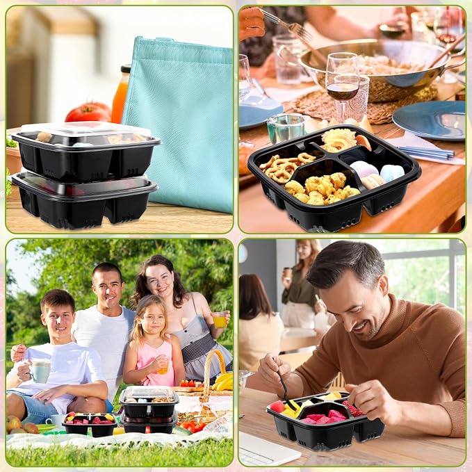 80 Pack 4-compartment Bento Snack Boxes with Lids Divided Lunch Containers for Travel School Camping Outdoor Home (Black) - Image 6