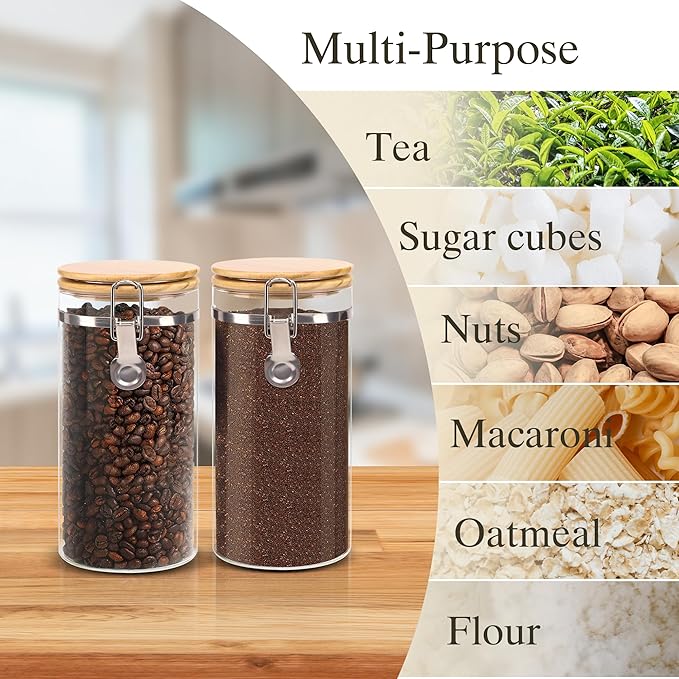 Glass Storage Jars Set Elegant Containers with Airtight Bamboo Lids, Perfect for Kitchen Organization - Flour, Rice, Pasta, Sugar, Coffee Beans, Accessories Included (Coffee Jar x 2) - Image 5