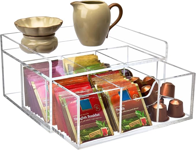 Heavy-Duty Acrylic Tea Station with 6-Compartment Drawer Organizer | Versatile Design: Features a smooth-sliding drawer with 6 compartments, plus a sturdy station top for coffee pods or mugs by Meicloud