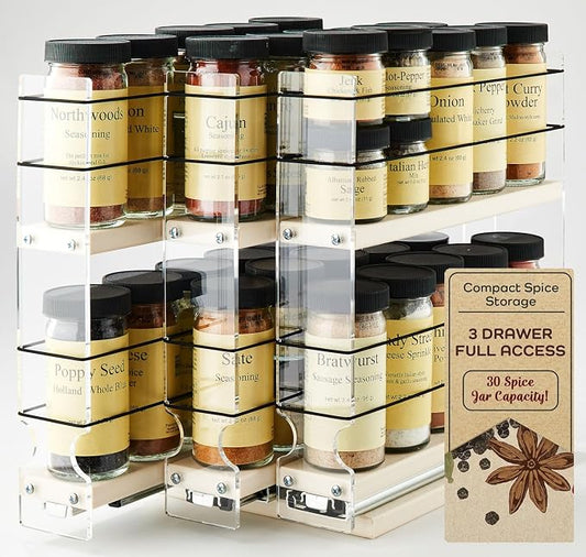 Cabinet Mounted Spice Rack Drawer - Pull Out Cabinet Organizer - Cupboard Organizers & Storage - Pantry Shelves - 30 Reg. Jars, 3 Drawers, 2 Tiers (6.9" W x 10.75" H x 10.6" D, Cream) by VerticalSpice