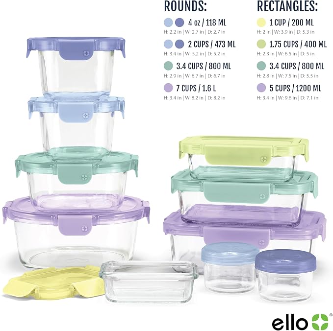 Ello Color Lock Glass Meal Prep Sets Leak-Proof Glass Food Storage Containers with Airtight BPA-Free Plastic Lids, Dishwasher, Microwave, and Freezer Safe - Image 5
