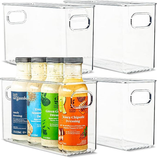Plastic Food Storage 4 Pack Clear Container Bin with Handles for Organizing Kitchen, Pantry, Refrigerator, Freezer, Pantry, Cabinet, Closet, Bathroom. 10”x4”x6” by primebox