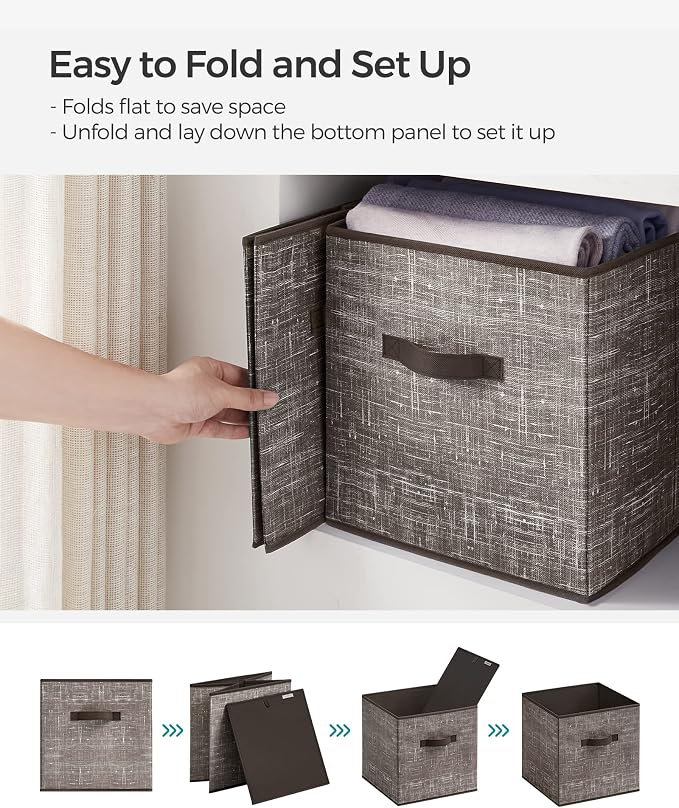 SONGMICS Storage Cubes, 13-Inch Non-Woven Fabric Bins with Double Handles, Set of 6, Closet Organizers for Shelves, Foldable, for Clothes, Walnut Color UROB033K02 - Image 6