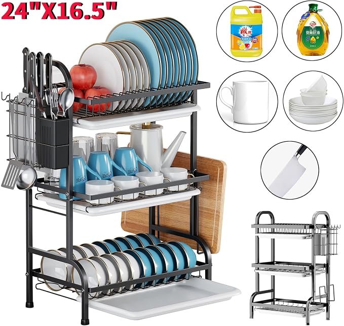 KUK 3 Tier Dish Drying Rack, Stainless Steel Over The Sink Dish with Drain Tray, Kitchen Dishes Drying Racks, Dish Racks for Kitchen Counter Storage (Black) - Image 7