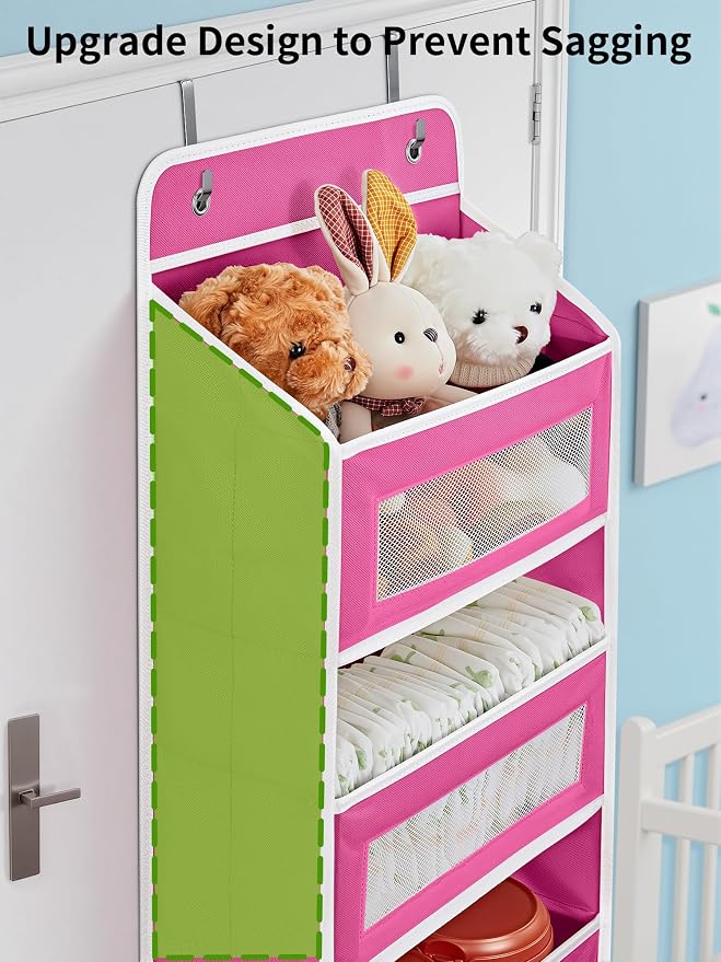 JARLINK Over the Door Organizer for Bathroom, 5 Shelf Rose Pink, 2 Pack | Anti-Tilt Design, 44 lb Load Capacity, Hanging Door Organizer with 5 Large Capacity Pockets, Behind Door Storage for Nursery - Image 4