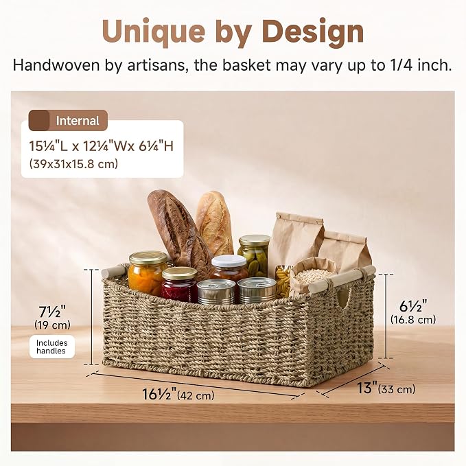 StorageWorks Large Wicker Baskets with Handles, Seagrass Basket, 1-Pack | Baskets for Organizing, Seagrass Storage Basket, Wicker Storage Baskets for Shelves, Rectangular Basket, 16½" x 13" x 7½" - Image 2