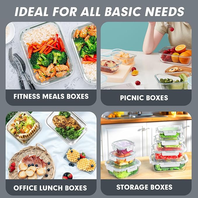 VERONES 30 Pieces Glass Food Storage Containers Set with Lids, White | Stackable Glass Meal Prep Containers Set with Lids, Airtight Lunch Containers, for Microwave, Oven, Freezer & Dishwasher - Image 6