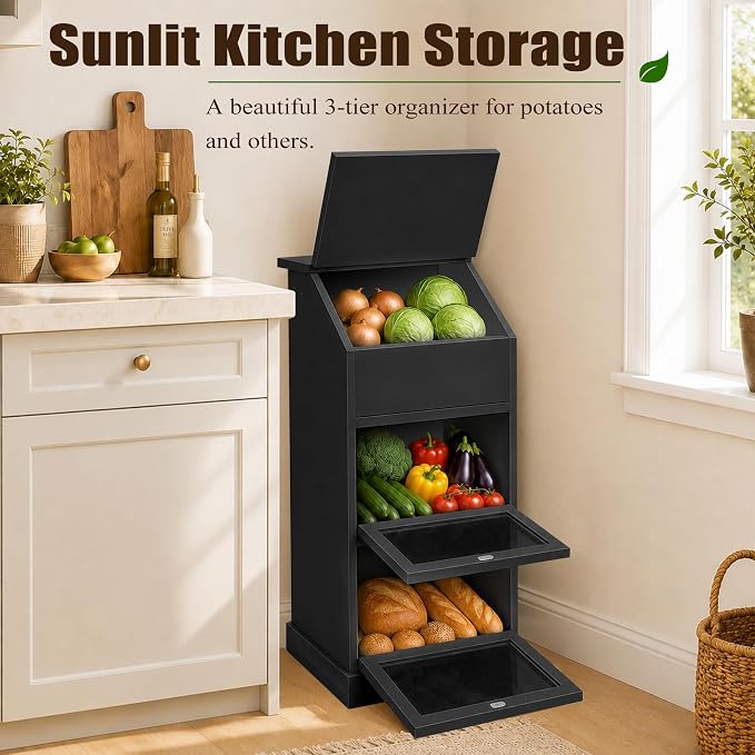 Potato and Onion Storage Bin with Lid, 3-Tier Vegetable Storage, Wooden Rustic Bread Box Cabinet for Fruit and Vegetable, Food Storage Containers Cabinet for Kitchen Pantry (Black) - Image 2