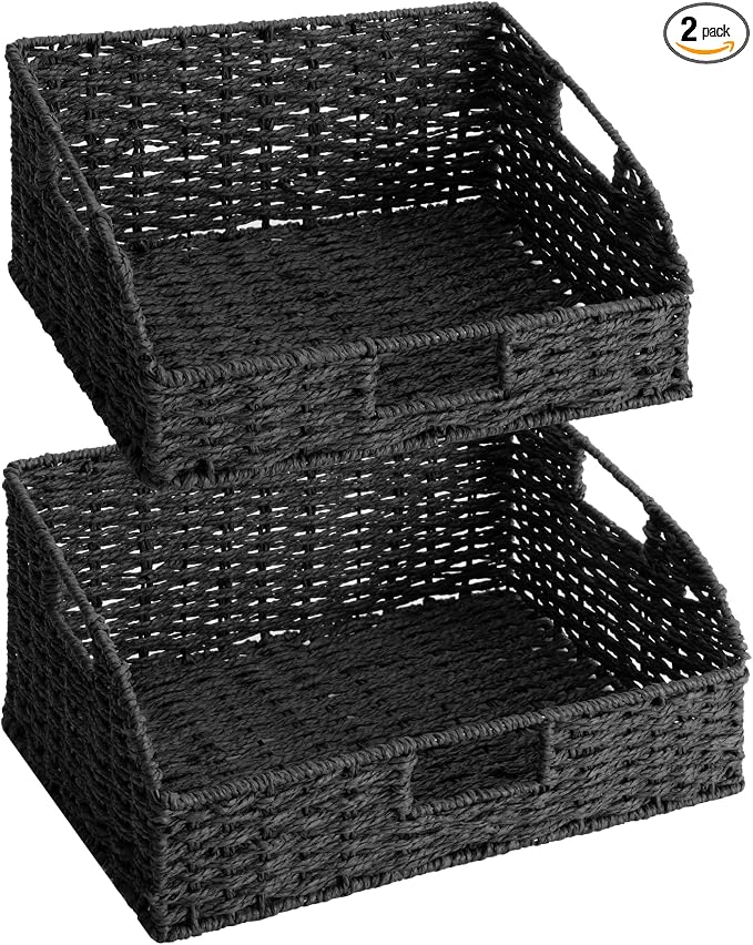 StorageWorks Pantry Baskets, Black Wicker Baskets with Handles, 2-Pack | Paper Rope Black Baskets for Organizing, Black Woven Baskets, Pantry Baskets for Shelves, Wicker Storage Baskets for Shelves by StorageWorks
