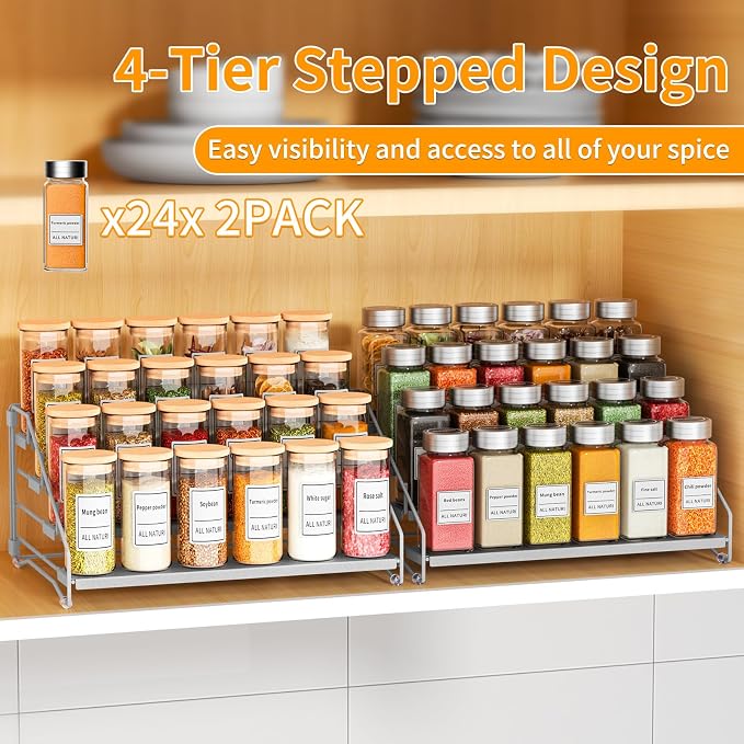 2 Pack Spice Rack Organizer for Cabinet, Depth Adjustable 4 Tier Spice Rack | Silver, Metal Spice Organization for Cabinet, Easy Visibility, Tiered Spice Rack Perfect for Cabinet, Pantry and Countertop - Image 3
