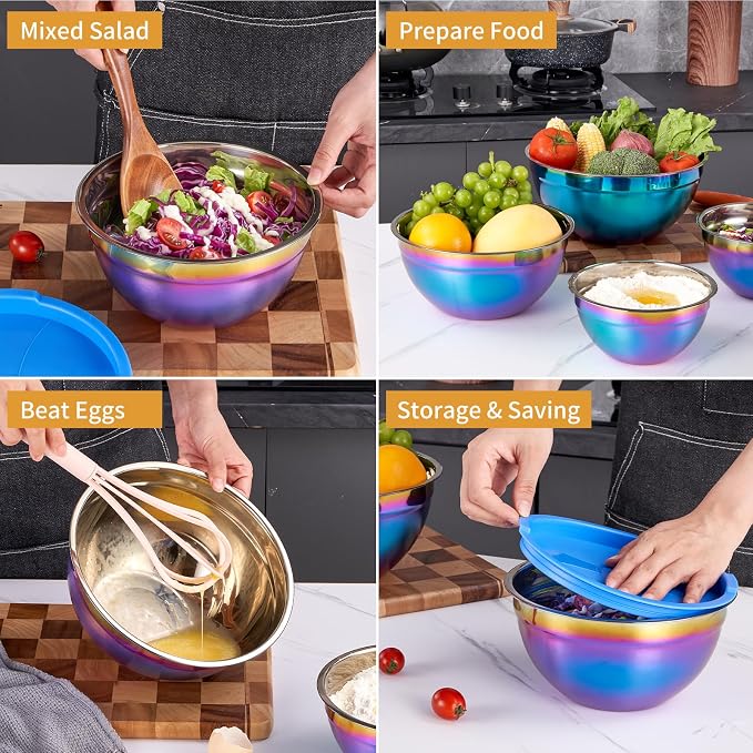 Rainbow Mixing Bowls With Airtight Lids,Stainless Steel Bowl,Salad Bowls 4 Piece Colorful Nesting Bowl Rainbow Kitchen Accessories,Size 5.5,3.6,2.1,1.5 QT Stackable Design - Image 4