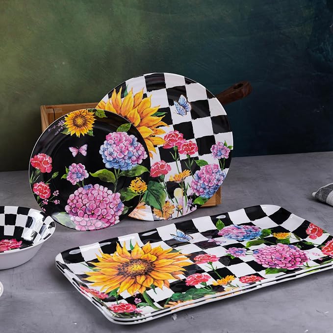 LEHAHA Rectangular Melamine Sunflower Serving Tray, 2-Piece Hydrangea Serving Platter Set, 17.5" x 10" Colorful Trays/Platters Sets for Outdoor and Indoor Dining and Entertaining Parties,Black Plaid - Image 2