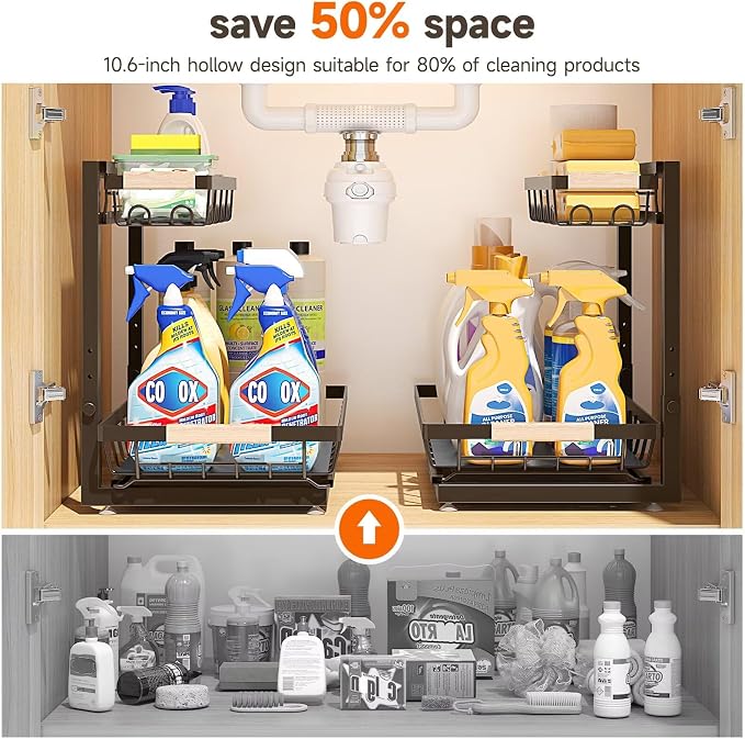 2-Pack 2-Tier Height Adjustable Under Sink Organizer & Storage | Multi-purpose storage for kitchen & bathroom cabinet. Extra Large brown shelf, height adjustable design for space-saving. - Image 4
